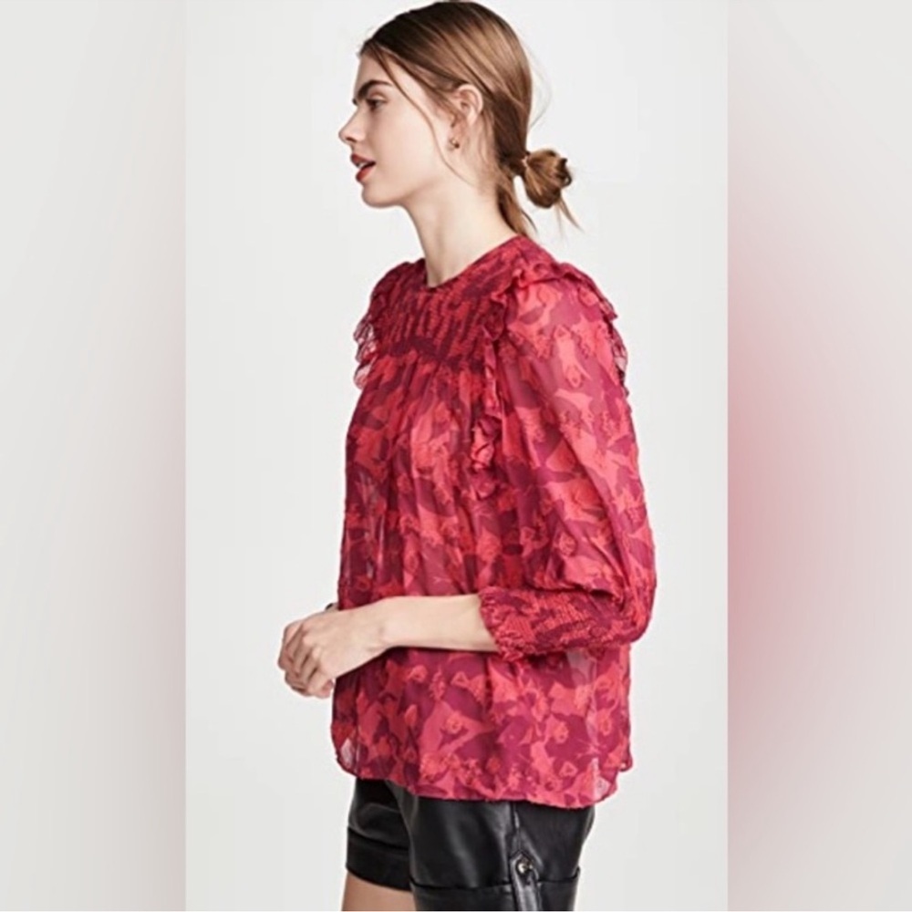 Joie‎ Jamila Red Punk Silk Blouse Top Hibiscus Semi Sheer Size Small